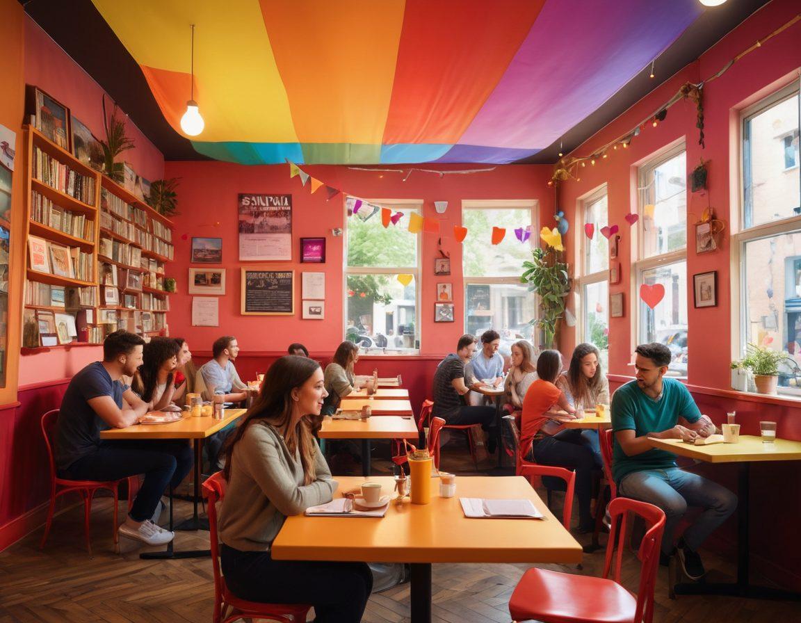 An inviting and vibrant café scene filled with a diverse group of people engaged in animated conversations, showcasing open and honest discussions about sexuality. The atmosphere is warm and inclusive, with colorful decorations and books about sexuality on the tables. A subtle hint of playful elements like rainbow flags and heart symbols in the background enhances the theme of acceptance and community. super-realistic. vibrant colors. cozy ambiance.