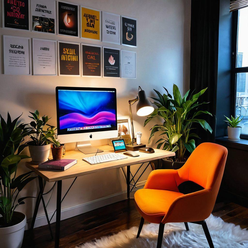 A vibrant and inviting modern workspace filled with books on sexual wellness and erotic content, featuring a laptop displaying a website about the adult industry. Include a comfortable chair, soft lighting, a small plant, and tasteful erotic art on the walls. The atmosphere should be warm and welcoming, suggesting conversation and exploration. super-realistic. vibrant colors. cozy aesthetic.
