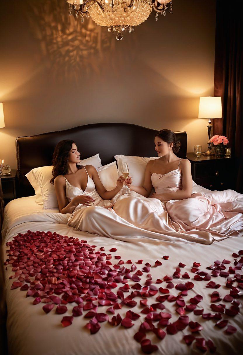 A luxurious setting with soft candlelight illuminating a sensuous bedroom, featuring plush silk sheets and delicate rose petals scattered across the bed. An inviting couple engages in playful banter, embodying intimacy and connection, surrounded by tasteful decor that hints at adult exploration. Incorporate elements like a glass of champagne and artistic body silhouettes in the background. soft focus, romantic lighting, and moody atmosphere. super-realistic, rich colors.